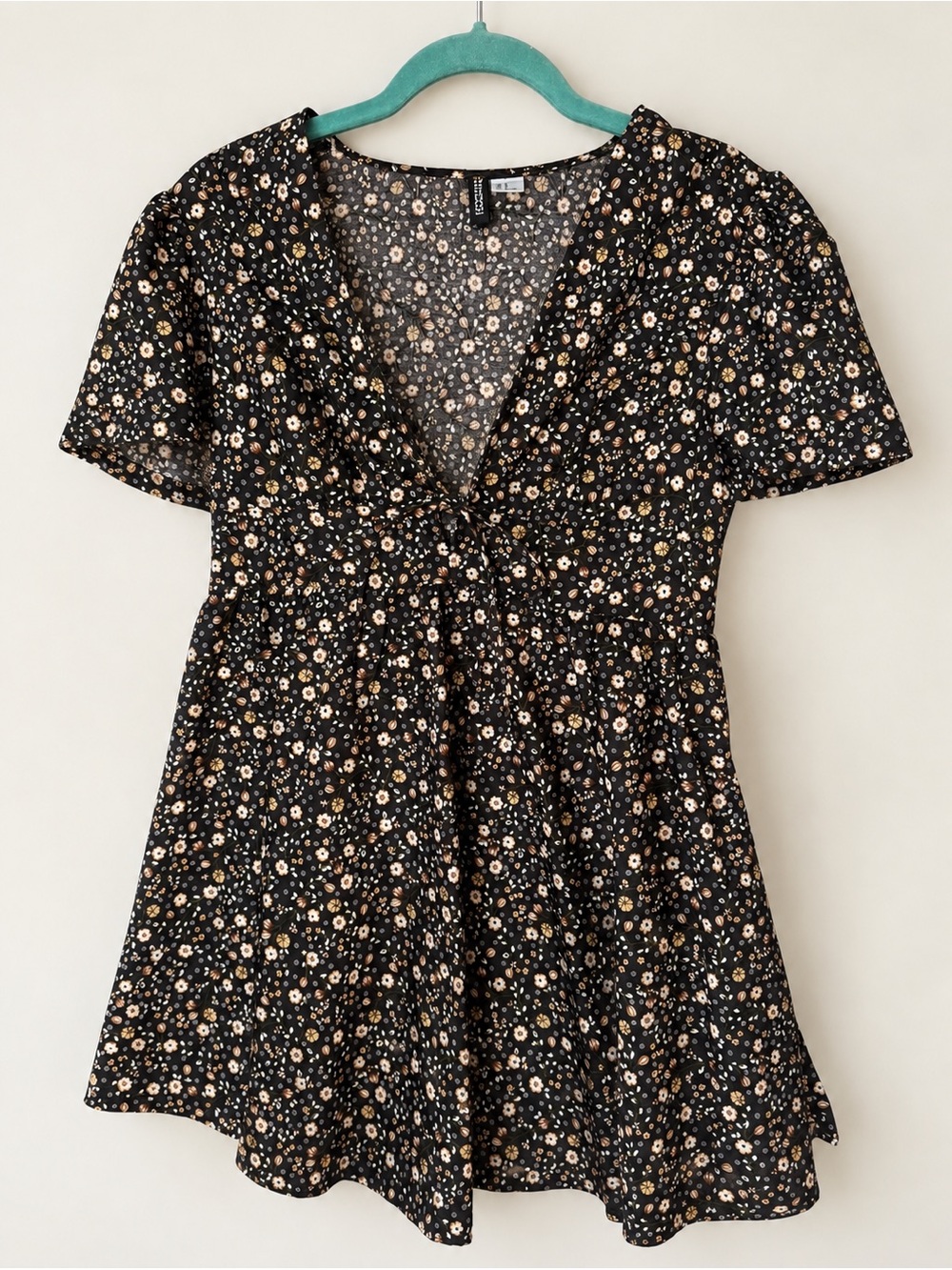 H&M Divided Black Floral Tie Front Puff Sleeve Mini Dress M NWOT